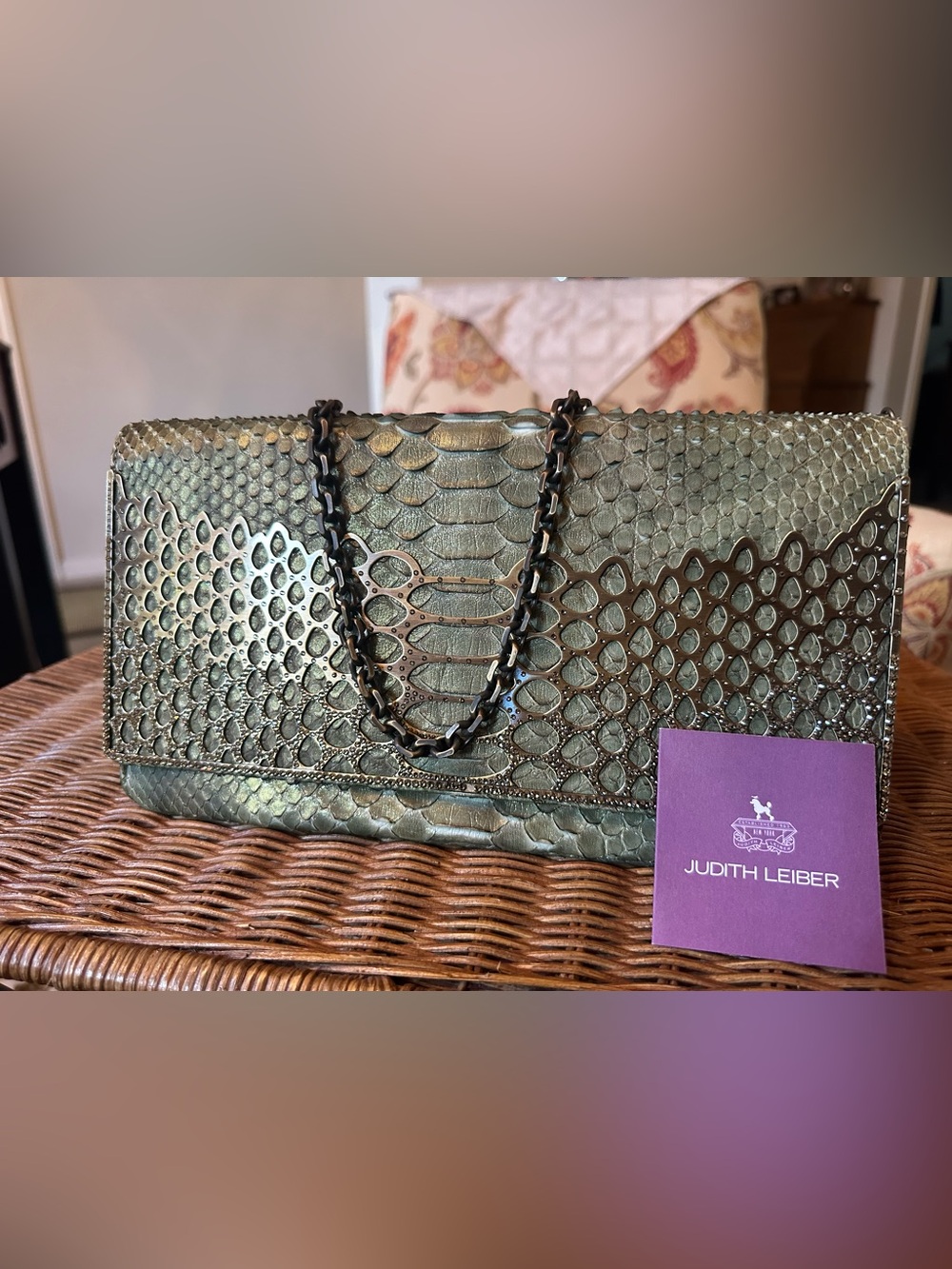 Exquisite Judith Leiber Green Python Skin Distinctive Openwork Metallic Overlay